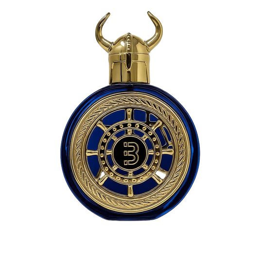 Decorative bottle with gold accents and blue base on a white background